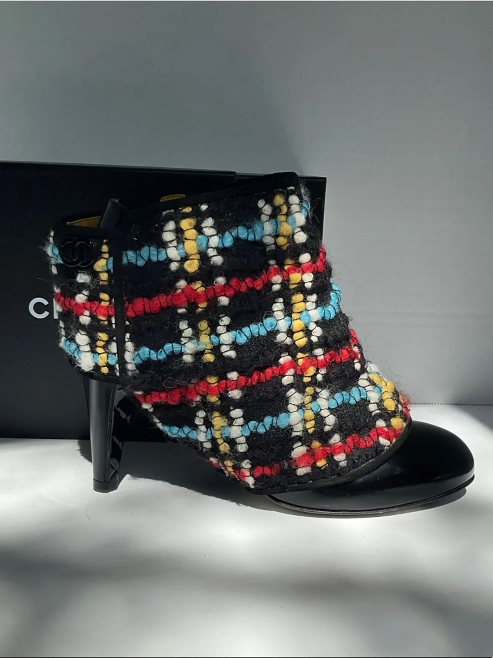 CHANEL Black Patent Leather Ankle Boots with Multicolor Tweed Shaft